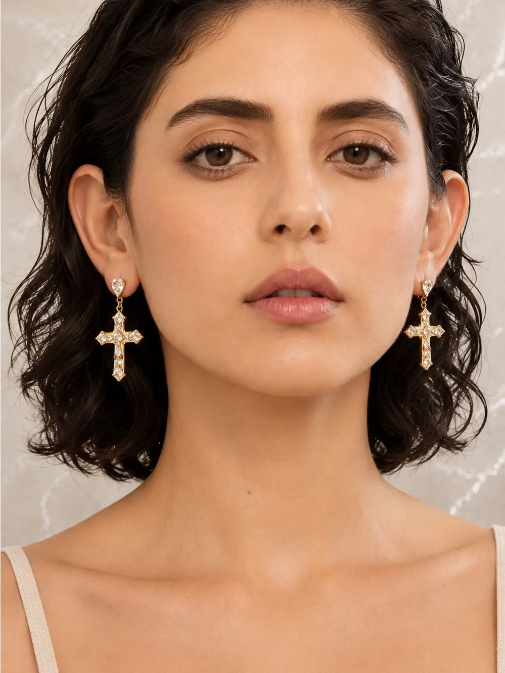 18 K plated Gold Cross Drop Earrings with Clear Stones